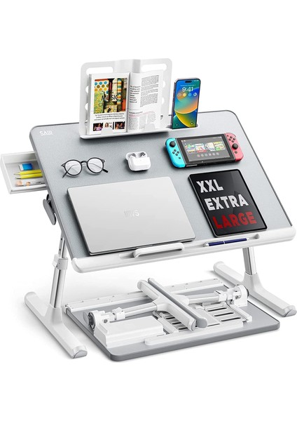 K7 Pvc Deri Silikon Bölmeli Depolama Çekmeceli Ayarlanabilir Katlanır Dizüstü Yatak Masası, Laptop Çalışma Masası, Kitaplık Gümüş