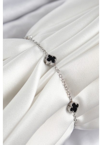 Bfs 316L Çelik Siyah Sedef Yonca Model Gümüş Renk Kadın Bileklik