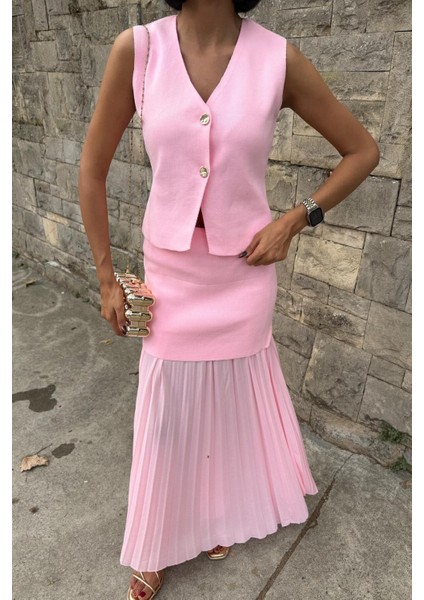 Yelekli ve Pilise Etekli Triko Takım -Pembe fiyatları
