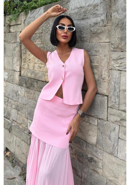 Yelekli ve Pilise Etekli Triko Takım -Pembe modelleri