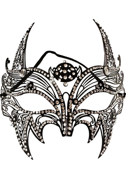 Siyah Renk Lazer Kesim Üzeri Kristal Taşlı Metal Lüks Maske Balo Parti (5067)