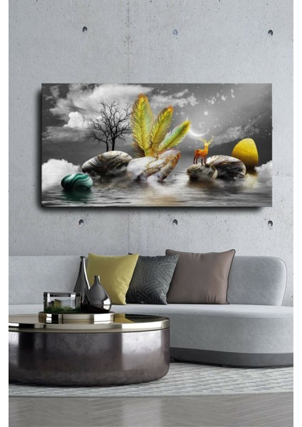 Dekoratif Soyut Altın Geyik ve Taşlar Sürreal Kanvas Duvar Tablosu