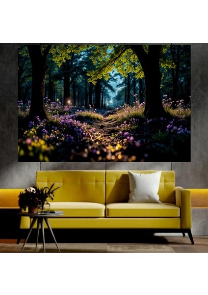 Çiçekler ve Ağaçlar Manzaralı Sanatsal Dekoratif Duvar Tablosu (70X100 Cm)