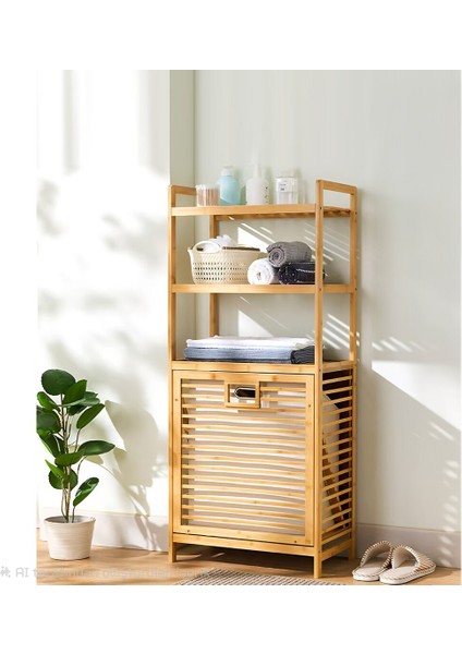 3 Organizer Raflı - Çek Aç Sepet Ahşap Bambu Kirli Çamaşır Sepet 40X30X130CM (5067)