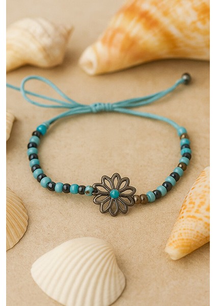 Turkuaz Çiçek Detaylı Ayarlanabilir El Yapımı Bileklik fiyatları