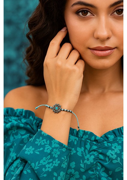 Turkuaz Çiçek Detaylı Ayarlanabilir El Yapımı Bileklik modelleri