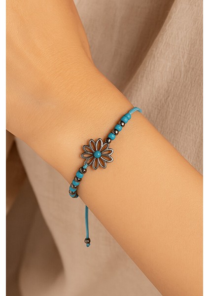 Turkuaz Çiçek Detaylı Ayarlanabilir El Yapımı Bileklik indirimleri