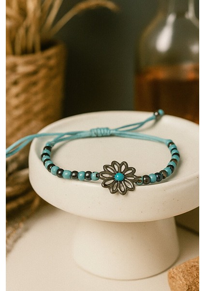 Turkuaz Çiçek Detaylı Ayarlanabilir El Yapımı Bileklik