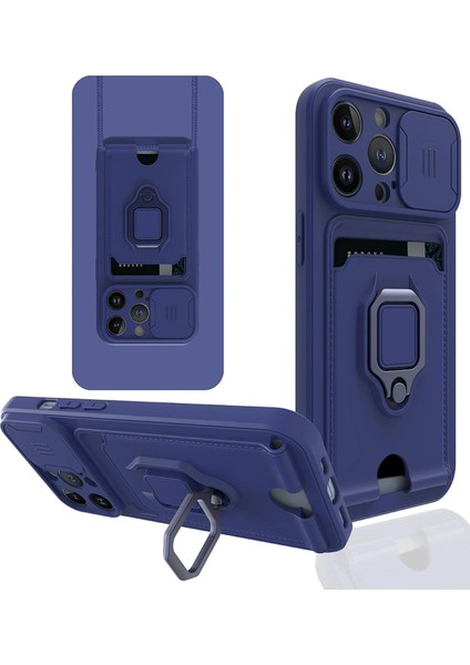 iPhone 14 Pro Kılıf Zuma Kartvizitli Yüzüklü Silikon - Lacivert - MKR028538-8715