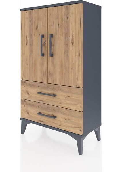 Arges Komodin 2 Raflı 2 Çekmeceli 2 Kapaklı 60X30X106 Antrasit-Çam indirimleri