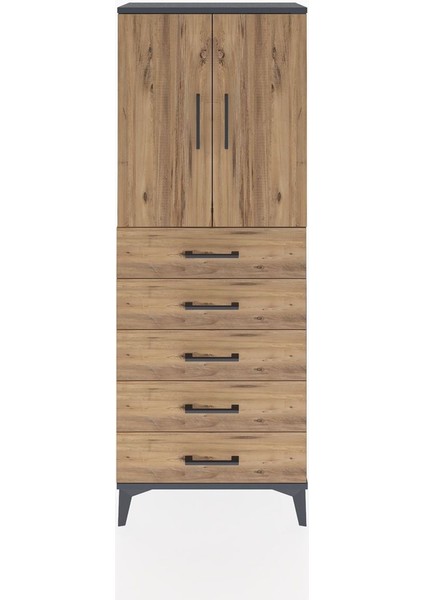 Arges Dolap 2 Raflı 5 Çekmeceli 2 Kapaklı 60X30X163 Antrasit-Çam