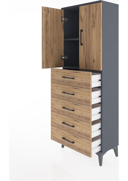 Arges Dolap 2 Raflı 5 Çekmeceli 2 Kapaklı 60X30X163 Antrasit-Çam fırsatları