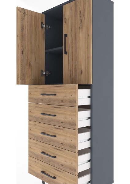 Arges Dolap 2 Raflı 5 Çekmeceli 2 Kapaklı 60X30X163 Antrasit-Çam indirimleri