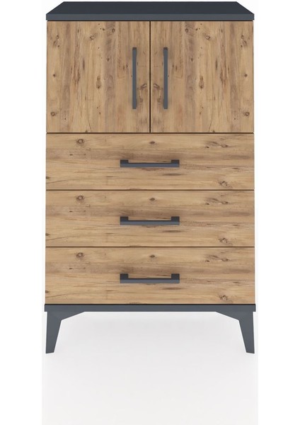 Arges Komodin Tek Raflı 3 Çekmeceli 2 Kapaklı 60X30X96 Antrasit-Çam