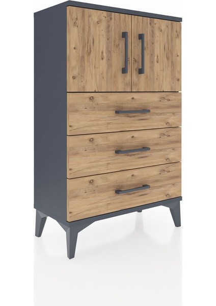 Arges Komodin Tek Raflı 3 Çekmeceli 2 Kapaklı 60X30X96 Antrasit-Çam fiyatları