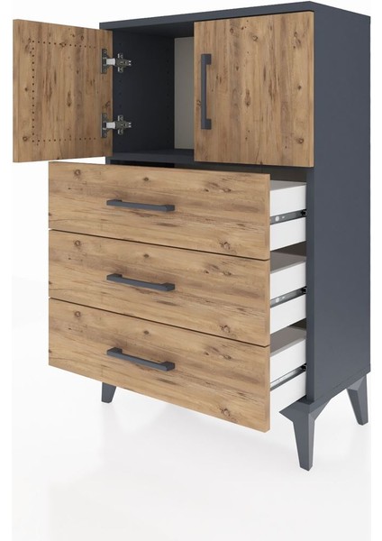 Arges Komodin Tek Raflı 3 Çekmeceli 2 Kapaklı 60X30X96 Antrasit-Çam fırsatları