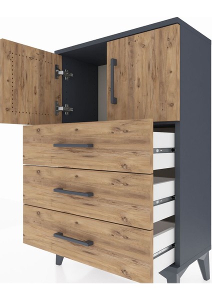 Arges Komodin Tek Raflı 3 Çekmeceli 2 Kapaklı 60X30X96 Antrasit-Çam indirimleri