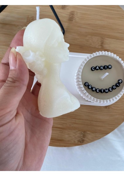 Öğretmenler Günü Hediyesi Kadın Büst ,yazılı Kase ve Dekoratif Tabaklı Mum Seti