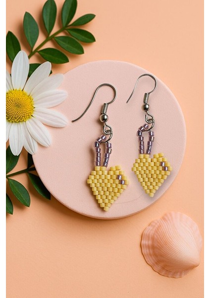 Sarı Kalp Mor Detaylı Desenli Boncuk Küpe –el Yapımı fiyatları