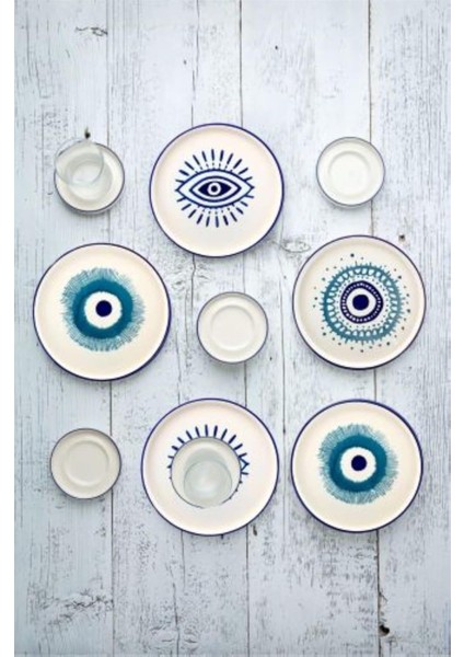 Seramik Hand 18 Parça 6 Kişilik Nazar Boncuklu Kahvaltı ve Çay Seti