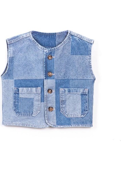 La Ciel Paris Çocuk Denim Yelek – Patchwork Tasarım, Düğmeli