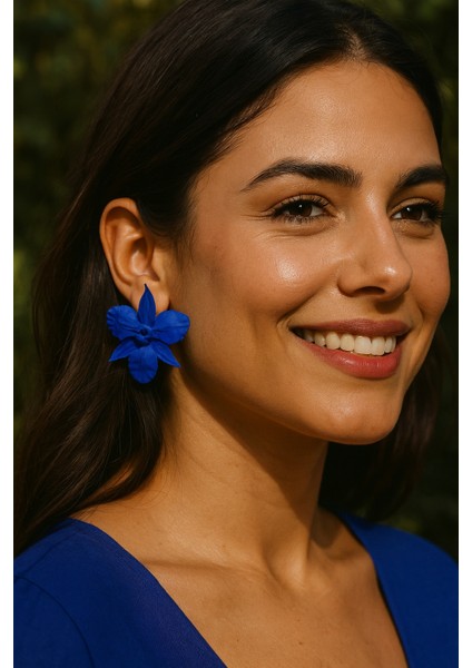 Blue Flame Saks Mavisi Orkide Tasarım Çiçek Küpe - Özgün ve Şık