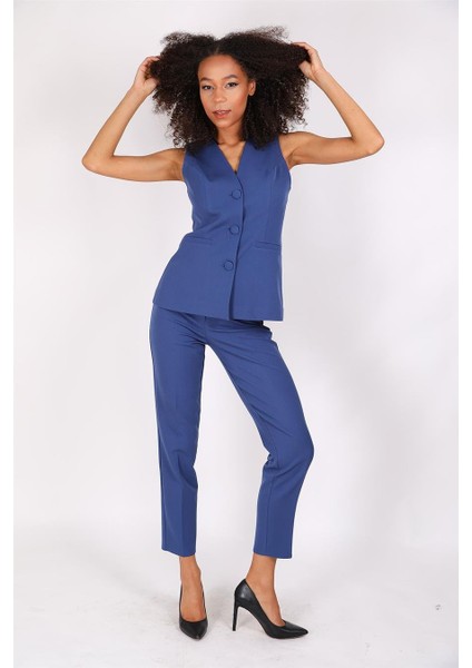 Uzun Klasik Yelek & Boru Paça Pantolon Takım-Indigo