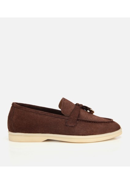 01AYH313760A480 KADIN Süet Deri Kahverengi Gold Aksesuarlı Klasik Loafer