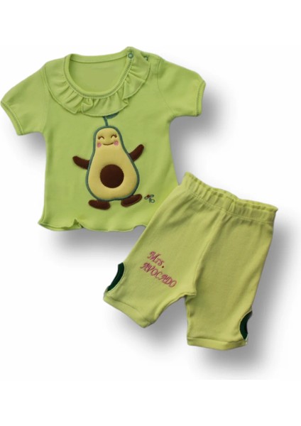 3-6 6-9 9-12 12-18 Ay Avokado Nakışlı Kısa Kollu Sweatli Şortlu 2li Kız-Erkek Bebek Takımı Yeşil