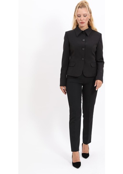 Peplum Ceket & Boru Paça Pantolon Takım-Siyah