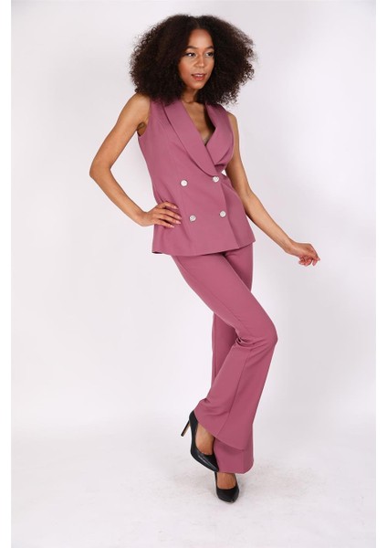 Abiye Yelek & Ispanyol Paça Pantolon Takım-Rose