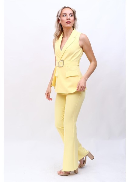 Kemerli Klasik Yelek & Ispanyol Paça Pantolon Takım-Sarı