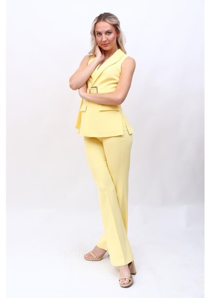 Kemerli Klasik Yelek & Ispanyol Paça Pantolon Takım-Sarı modelleri