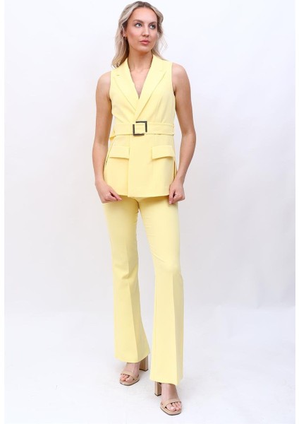 Kemerli Klasik Yelek & Ispanyol Paça Pantolon Takım-Sarı fırsatları