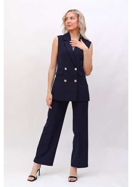Blazer Yelek & Bol Paça Pantolon-Lacivert