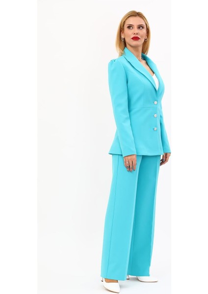 Erkek Yaka Kolu Büzgülü Ceket & Bol Paça Pantolon-Turkuaz modelleri