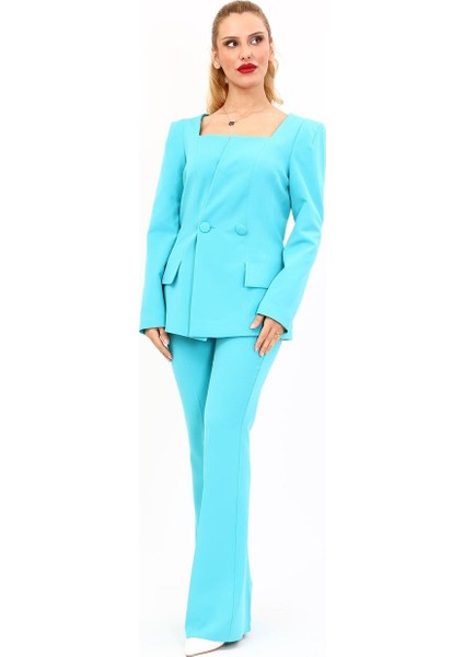 Kare Yaka Ceket & Ispanyol Paça Pantolon-Turkuaz