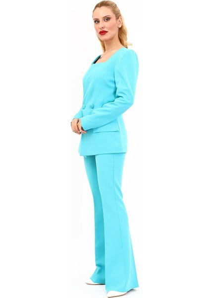 Kare Yaka Ceket & Ispanyol Paça Pantolon-Turkuaz fiyatları