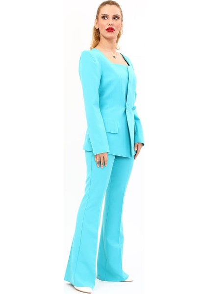 Kare Yaka Ceket & Ispanyol Paça Pantolon-Turkuaz modelleri