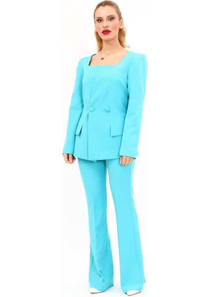 Kare Yaka Ceket & Ispanyol Paça Pantolon-Turkuaz indirimleri