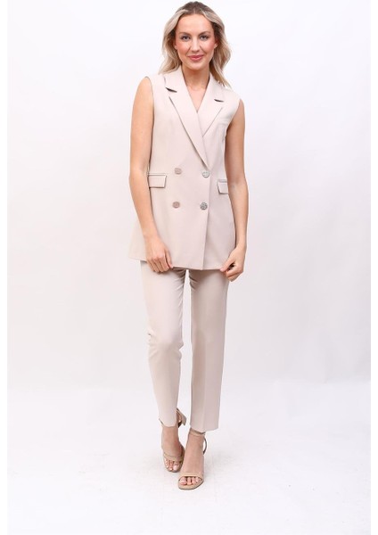 Blazer Yelek & Boru Paça Pantolon-Bej