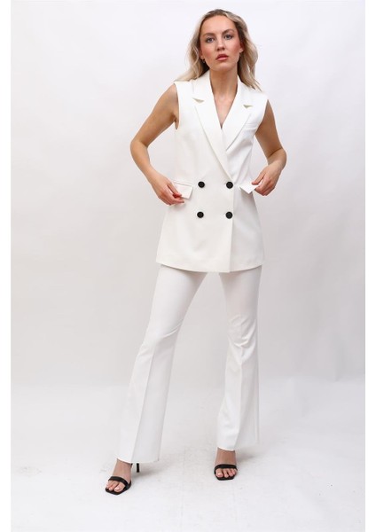 Blazer Yelek & Ispanyol Paça Pantolon-Beyaz
