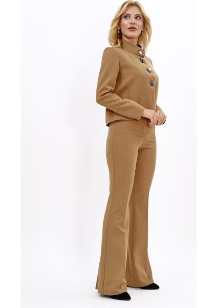 Boydan Düğmeli Mini Ceket & Ispanyol Paça Pantolon Takım-Camel modelleri