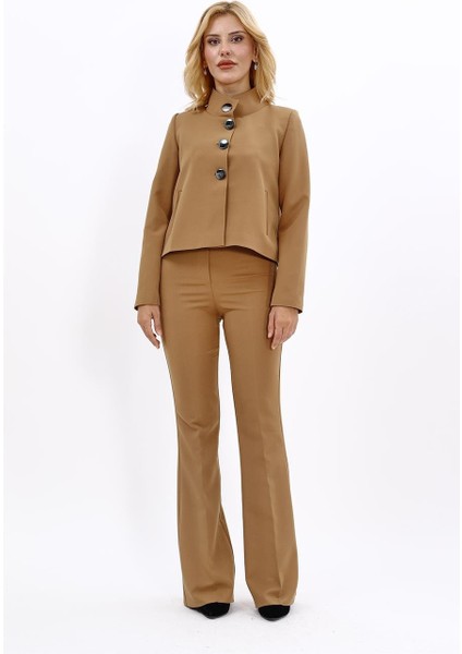 Boydan Düğmeli Mini Ceket & Ispanyol Paça Pantolon Takım-Camel indirimleri