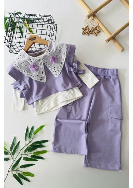 Papatya Örgü Detaylı 3 Lü Kız çocuk takım - Lila