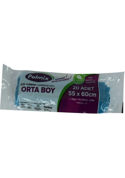 Çöp Torbası Orta Boy 55X60CM 70GR 11MIKRON 30LT Mavi Rulo 20 Adet fiyatları
