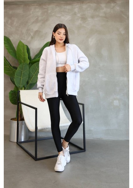 Kadın Genç Unisex Cepli Kapüşonlu Fermuarlı Sweatshirt Hırka