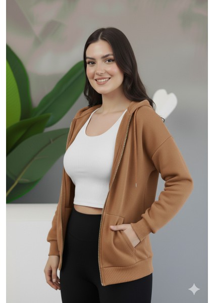 Kadın Genç Unisex Cepli Kapüşonlu Fermuarlı Sweatshirt Hırka