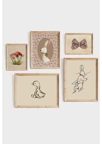 Vintage Tavşan Krem Rengi Temalı 5li Çerçeveli Set