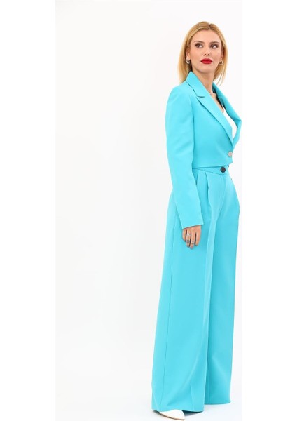 Erkek Yaka Tek Düğmeli Kısa Ceket & Erkek Yaka Drape Kollu Kısa Ceket-Turkuaz modelleri